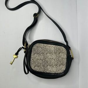 Fossil Black Leather animal Print Crossbody Bag